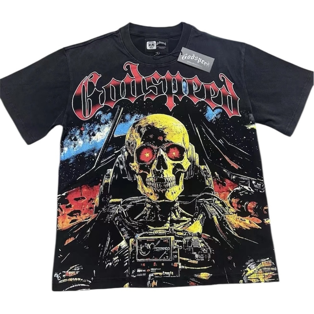 Godspeed Skeleton Alien UFO Graphic Tee Black Red Size S NWT